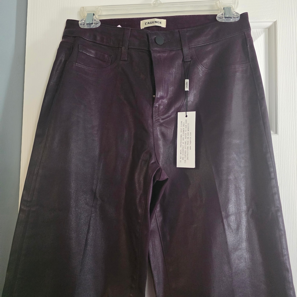 NWT L'AGENCE Wide Leg Coated Pants in Deep Plum - Picture 2 of 8